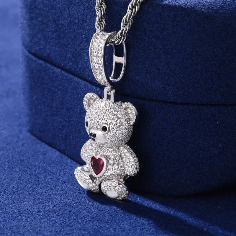 Moissanite Heart Bear Pendant Necklace, 925 Silver