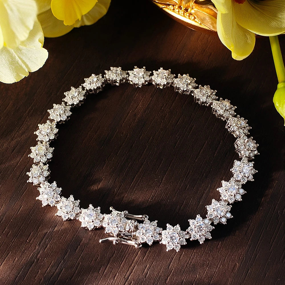 Flower Moissanite Tennis Bracelet, GRA 925 Silver 18k