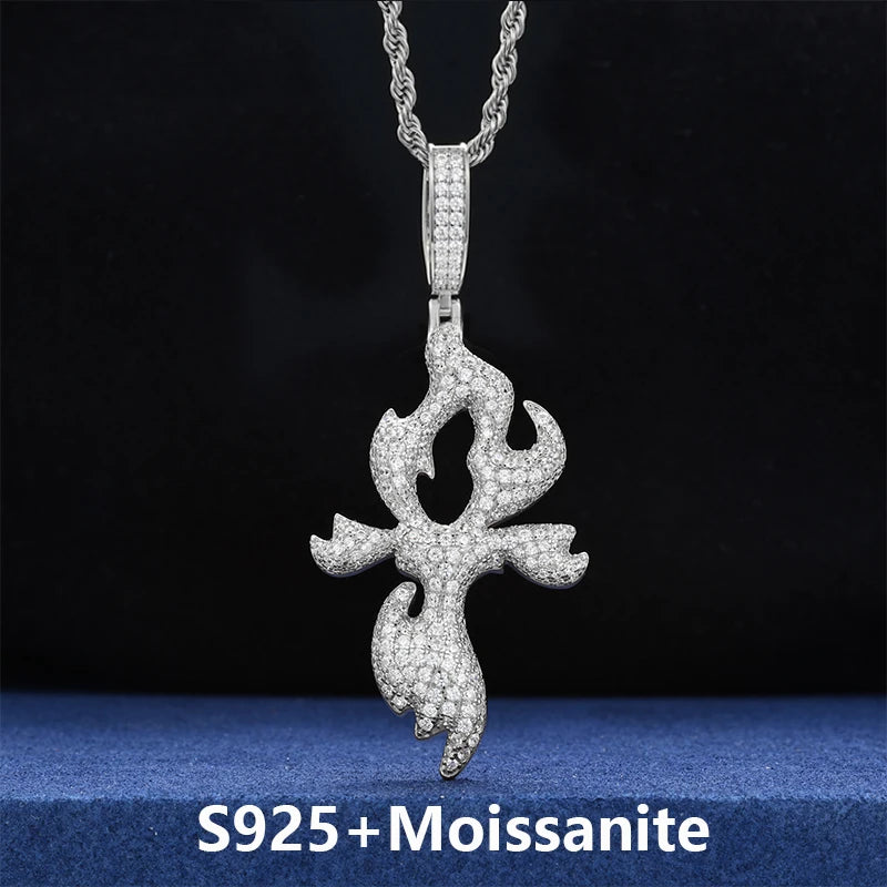Flame Cross Pendant Necklace, Moissanite or Zircon