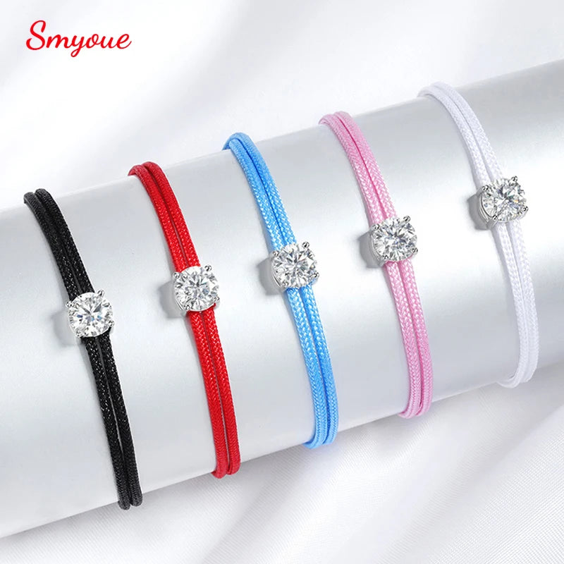 Braided Rope Moissanite Bracelet, Adjustable 925 Silver