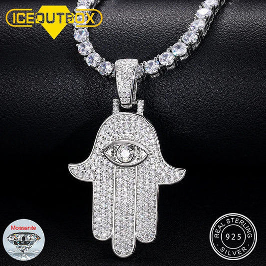 Hamsa Evil Eye Moissanite Pendant Necklace in 925 Silver