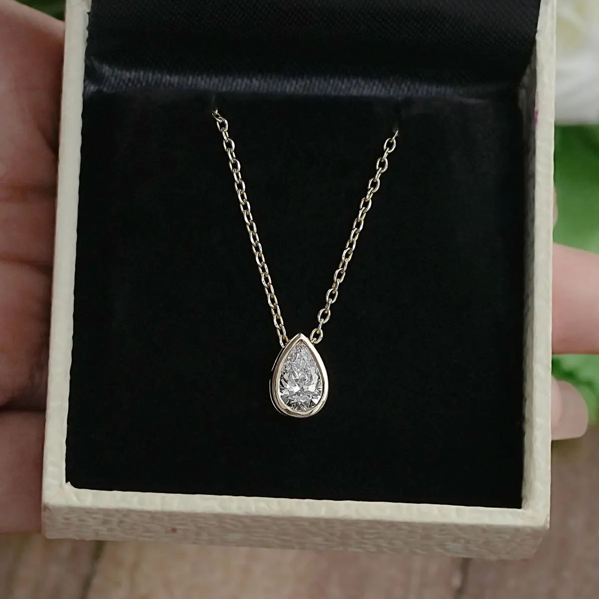 Bezel Set Pear Moissanite Necklace, 1ct to 4ct