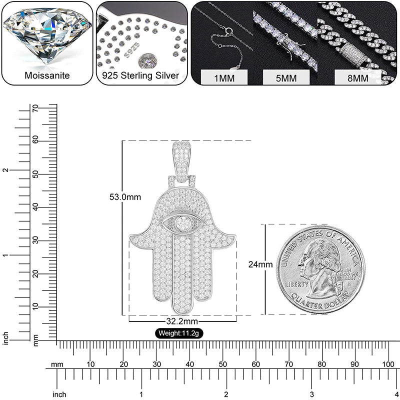 Hamsa Evil Eye Moissanite Pendant Necklace in 925 Silver