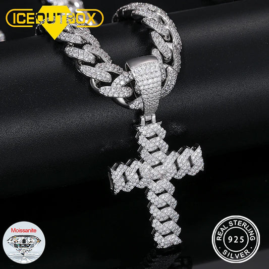 12mm Cuban Cross Pendant Necklace, D VVS Moissanite
