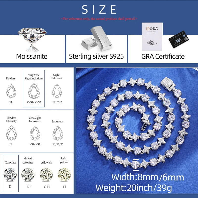 Star Set Tennis Chain, 8mm or 10mm in 925 Silver