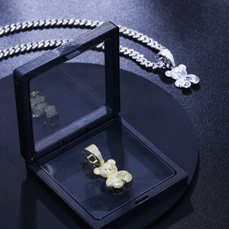 Moissanite Bear Pendant Necklace with Tennis Chain