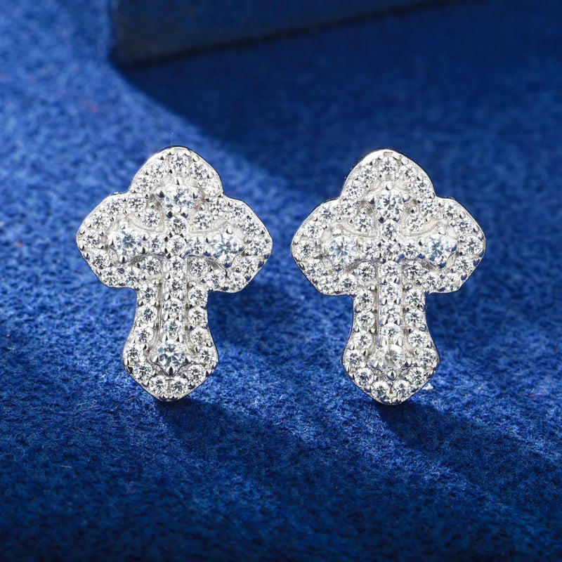 Iced Cross Stud Earrings in 925 Sterling Silver