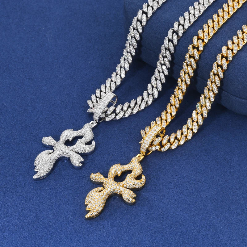 Flame Cross Pendant Necklace, Moissanite or Zircon