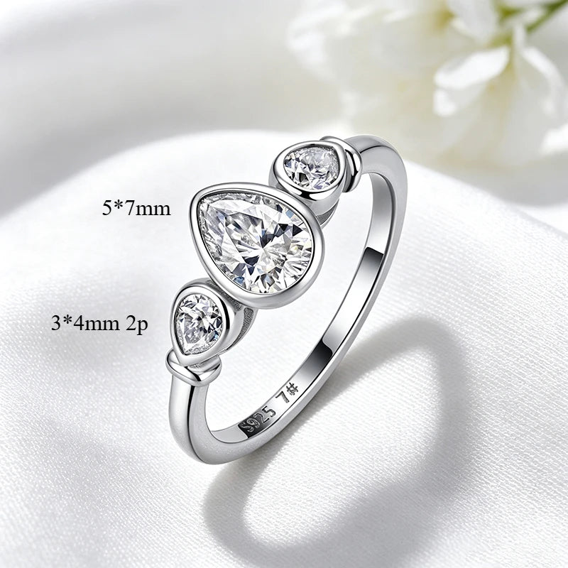Three Stone Pear Moissanite Ring in Pure S925 Silver