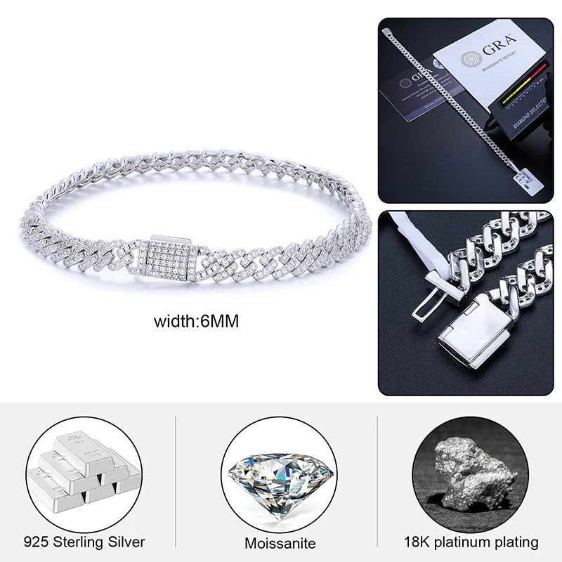 6mm Miami Cuban Bracelet, Solid 925 Silver, GRA