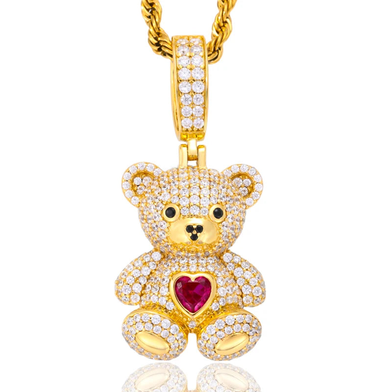 Moissanite Heart Bear Pendant Necklace, 925 Silver